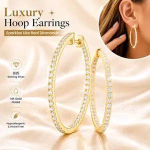 14K Gold Plated Oval Hoop Earrings for Women, 925 Sterling Silver CZ Hoop Earrings, Hypoallergenic Lightweight Minimalist Jewelry for Sensitive Ears, Sparkly Round Cubic Zirconia Earrings for Everyday Wear, Office, Party, Travel, Date Night & Gift for Her