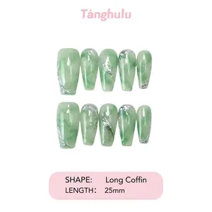 Tanghulu Nails- THE EVERGREEN Collection/Handmade Press On Nails/ Coffin/ Green /Long 25mm