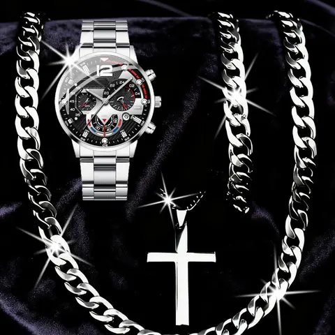 Men's Business Casual Quartz Watch & Necklace & Bracelet Set, Jewelry Sets, Perfect Gift for Holidays, Birthdays & Father's Day, Men's Jewelry