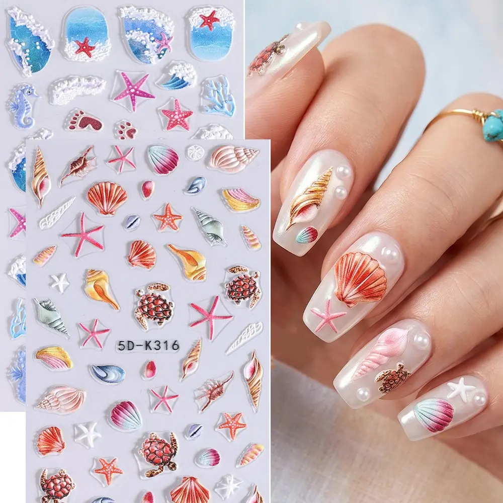 Ocean Series 5D Nail Art Stickers, Summer Beach Wave Shell Sand Holiday Pattern Nail Decals, DIY Nail Decorations, Nail Art Supplies, 2 Sheets