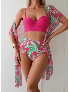 Three-piece Swimsuit with Maple Leaf Print High-waisted Slimming Bikini for Adults in Polyester with Chest Pads No Underwire Support in Multiple Colors and Sizes