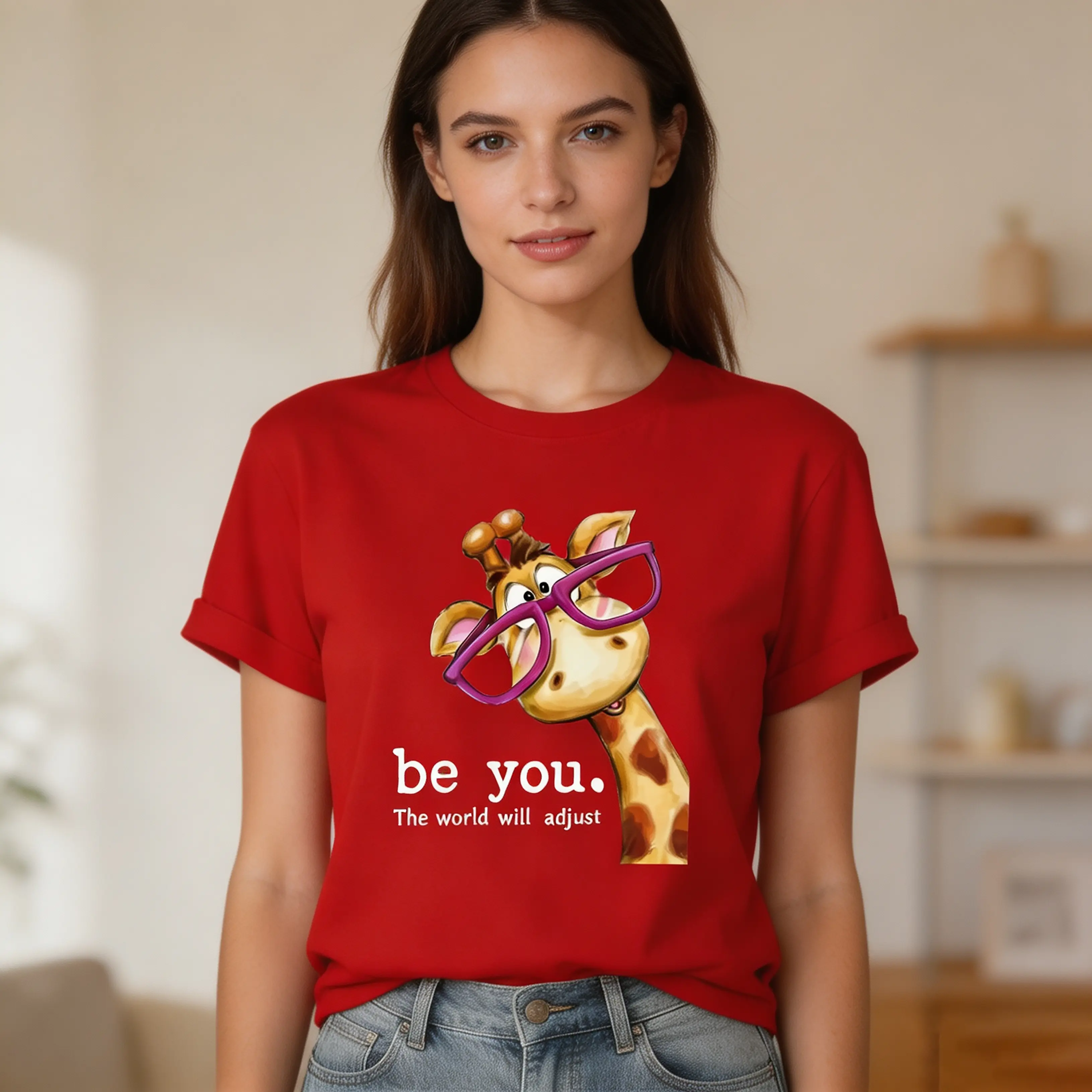 Ladies Casual T-Shirt | Cartoon Giraffe with Exaggerated Pink Frame Glasses Print, Crew Neck, Short Sleeves, Fashionable Commute and Vacation Versatile Vintage Style Top for Spring/Summer/Fall #SummerVibes Tee Womenswear Unisex