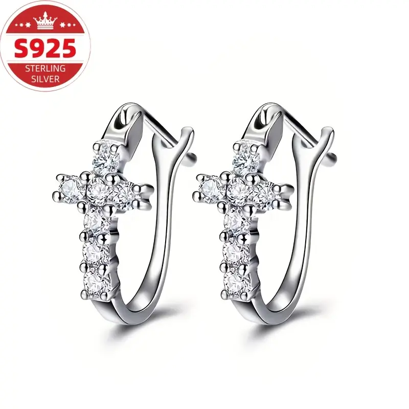 S925 sterling silver women’s earrings, classic cross design accessory, high quality, unique fashion jewelry—perfect gifts for Valentine’s Day, Mother’s Day, and Christmas.