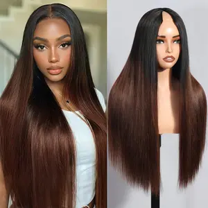 Mscoco Ombre Brown Yaki Straight V part Wig Chestnut Brown Ombre V Part Wig With Invisible Drawstring Minimal Leave Out Edges Protective Natural Scalp Human Hair Wig 250% Density Budget Friendly Summer Wig #DealsForYouDays