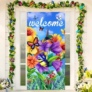 Welcome Butterfly Door Cover Spring Decorations Banner Flower Porch Sign Photo Background for Holiday Party Indoor Outdoor Decor180x90cm