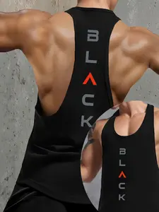 Men's minimalist fitness tank top with "black" minimalist pattern silk screen printed clothing, loose and extremely comfortable, suitable for gym, street style, and fashionable design for daily outings, showcasing avant-garde fitness spirit