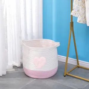 Large Cotton Rope Basket, Woven Storage Basket for Toys Laundry Blankets, Laundry Basket Organizer, Round Trash Can with Handle, Kids Room Use, 11.81x10.63 Inches