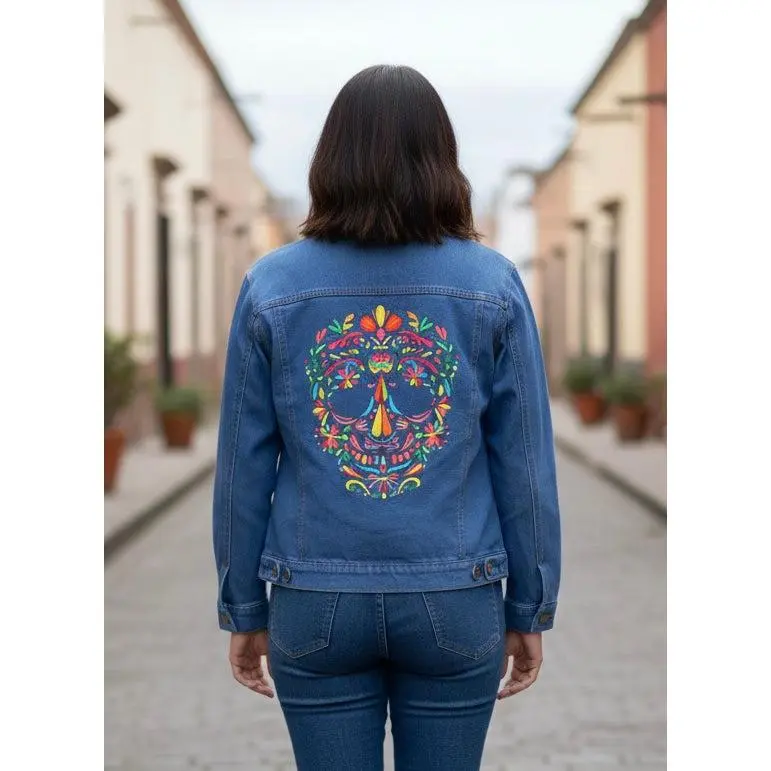 Denim Otomí Skull Embroidered Jacket