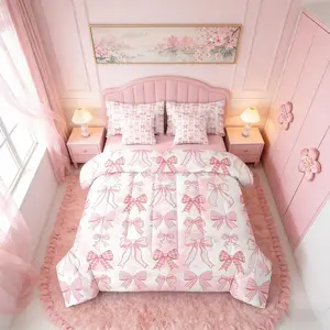 Cute Bow Comforter Set,7 Pieces Girls Bed in a Bag with Sheets,Dreamy Princess Style Bedding Set for Kids Girls Women Bedroom Decor,Kawaii Bowknot Girly Bed Set for All Season
