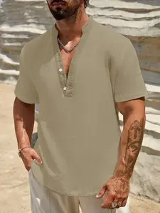Summer New Linen Short Sleeve T-Shirt Henley, Men's Vintage Stand Collar Henry Casual Breathable Top, Comfortable and Stylish Summer Wear, Menswear