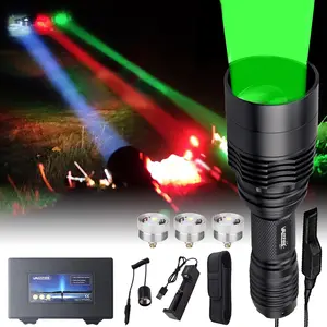 400 Yards Zoomable 3-in-1 High-Power Flashlight - Red, Green, and White LED Light Kit, Remote Control, and Adjustable Focus - Ideal for Night Adventures, Hunting, Camping, Beekeeping, and Outdoor Explorations
