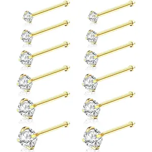 12Pcs Nose Rings Studs 18G 20G 22G Straight Nose Studs Surgical Stainless Steel Nose Rings for Women Hypoallergenic Nose Bone Studs Cubic Zirconia Lip Rings Nose Piercings Jewelry 1.5mm-4mm
