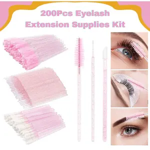 200PCS Eyelash Extension Supplies Kit – Disposable Lash Spoolie Brushes, Micro Swabs, Mascara Wands & Lip Brushes for Eyelash Extension and Makeup Application