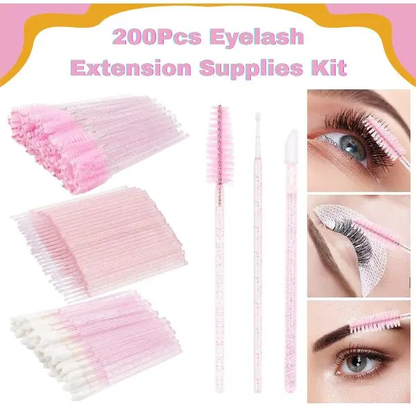 200PCS Eyelash Extension Supplies Kit – Disposable Lash Spoolie Brushes, Micro Swabs, Mascara Wands & Lip Brushes for Eyelash Extension and Makeup Application