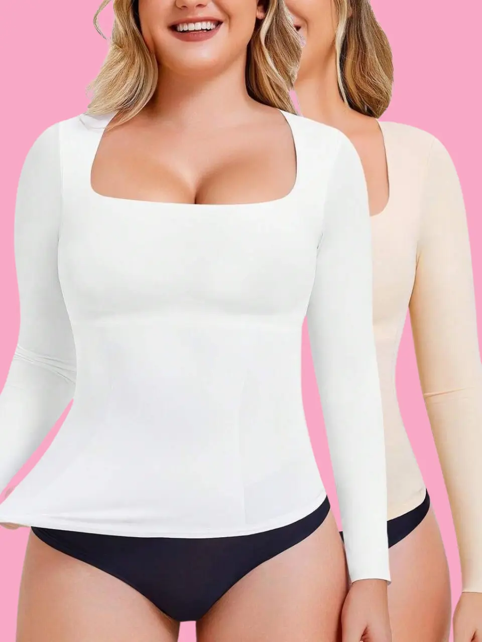 2-Pack Women's Compression Long Sleeve Tops – Tummy Control Shapewear Square Neck Slim Fit Tees