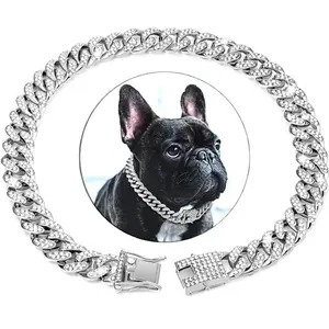 Gold Dog Chain Collar Diamond Cuban Link Dog Collar Wide Dog Necklace Metal Cat Chain Pet Crystal Collar Jewelry Accessories for Small Medium Large Dogs Cats