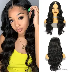 V-Part Black Body Wave Synthetic Wig | 26 Inch Long Loose Curly Half Wig | Natural Glueless No Lace V Part Wig