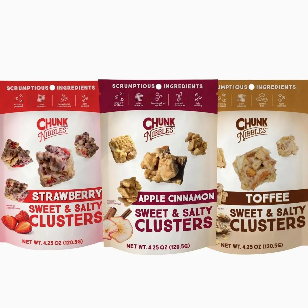 Chunk Nibbles Variety Snack Pack - Strawberry, Apple Cinnamon, Toffee Clusters - Gourmet Sweet & Salty Treat - Handcrafted, No Artificial Colors - 4.25oz Resealable Pouch (3 Pack)