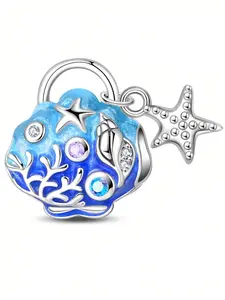 Summer Ocean 925 Sterling Plated Silver Sea Life Charm, Gradient Blue Enamel Coral Starfish Dangle Bead, Fits Pandora Bracelet, Trendy Jewelry Gift