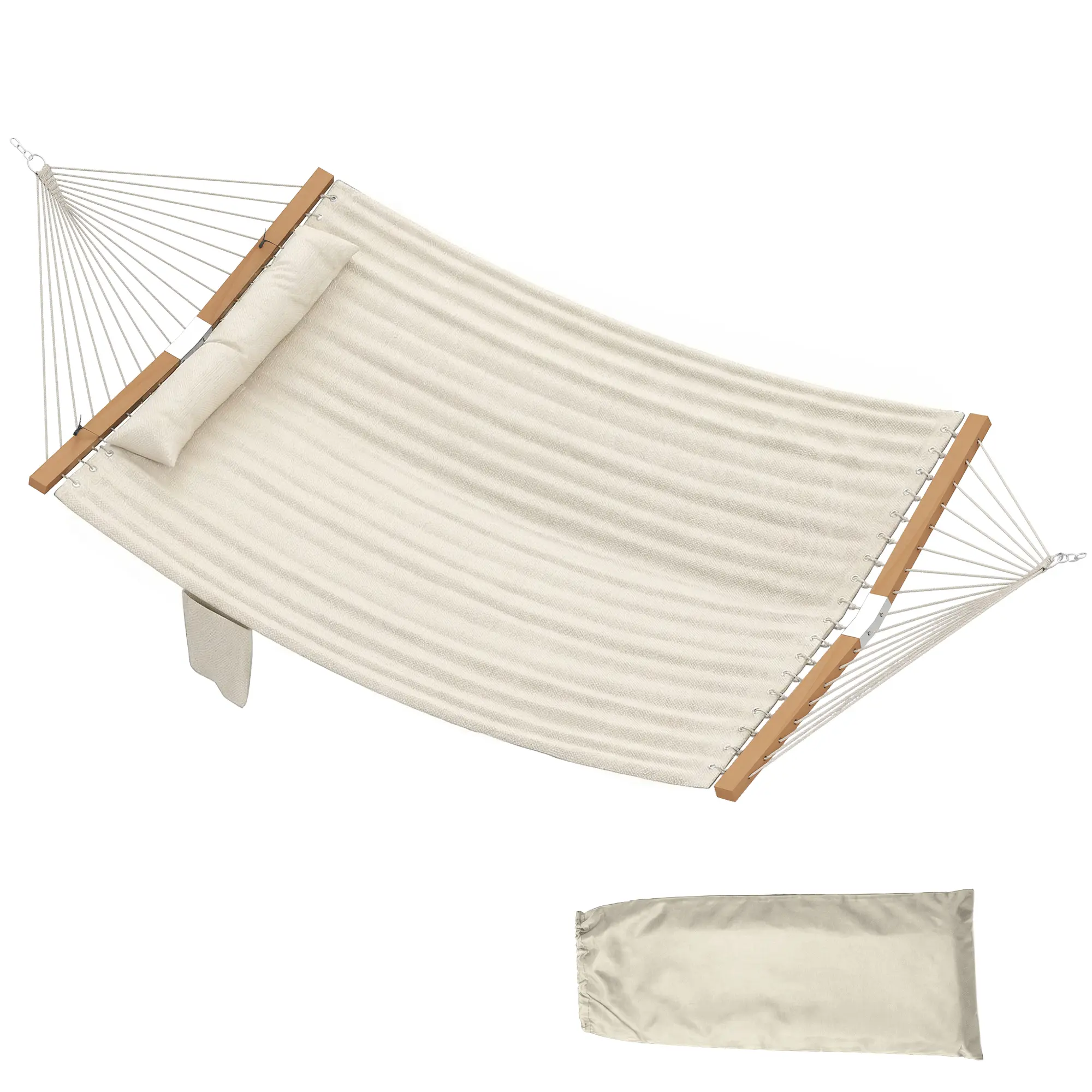 Outdoor Hammock, 2-Person Cream White Multi-Person Portable Spreader Bar Hammock with Pillow Pad, 440 lbs Capacity, Anti-Tip V-Shaped Bars, for Camping, Portable Camping Hammocks, Spreader Bar Hammocks