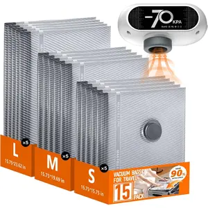 Travel Vacuum Bags with  Pump, 15 Pack Vacuum Storage Bags with  -70KPa Suction, for Maximum Compression in Luggage, Travel and  Use for Clothes and Blankets.