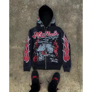 Skull print hoodie women's patterned top with oversized zipper hoodie for couples, American streetwear, Gothic women's clothing