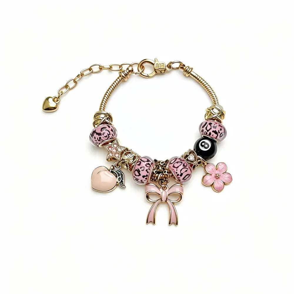 Pink Gold Charm Bracelet for Women, Adjustable Beaded Bracelet with Bow, Flower & Heart Charms, Cute Fashion Jewelry Gift