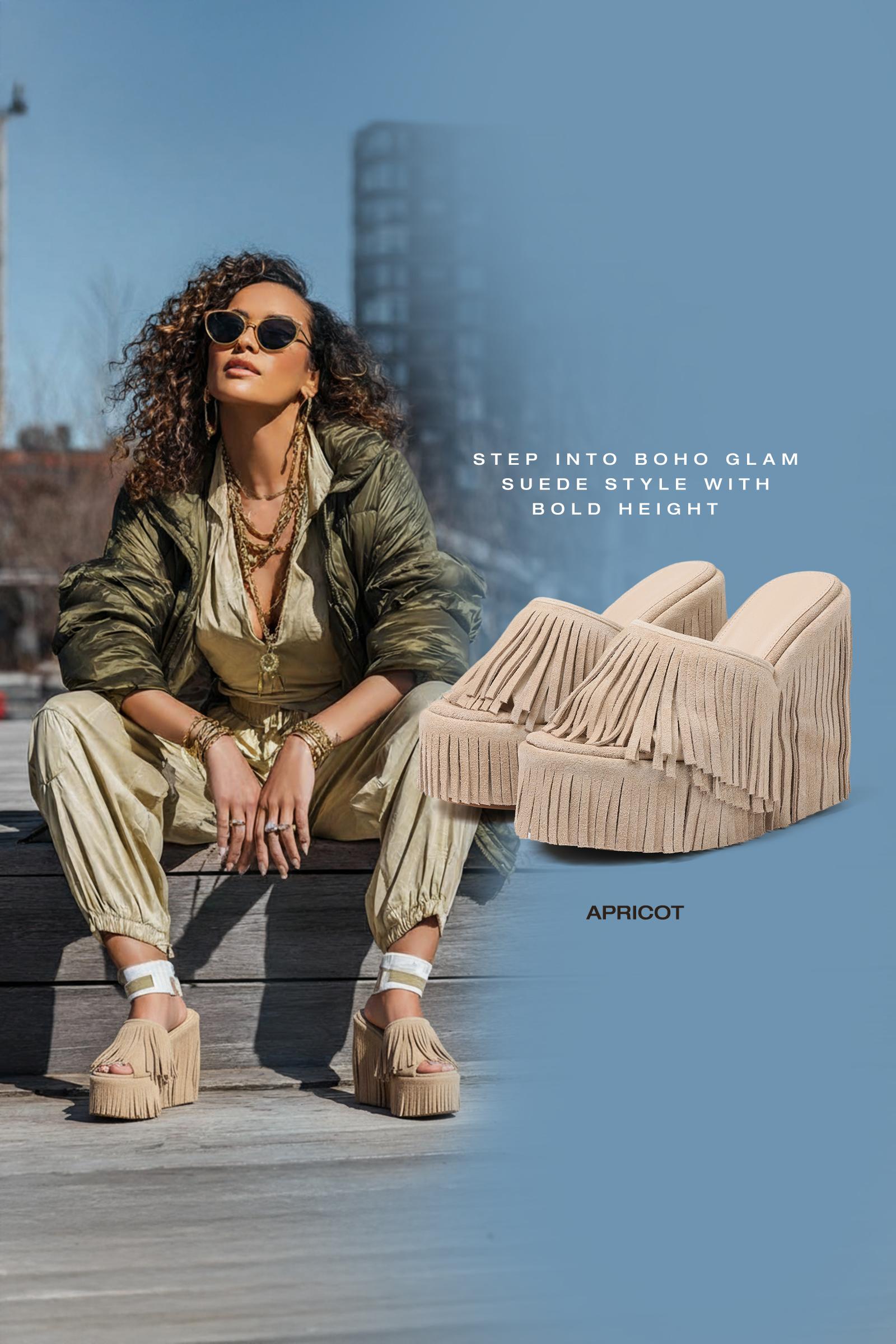 CYNLLIO Womens Fringed Boho Cowboy Style Platform Sandals Open Round Toe Tassel High Heels Slip On Wedge Heeled Suede Slides for Outings Evening Party Spring Dress Sandals Shoes