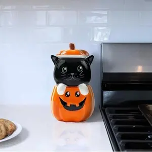Dolomite Ceramic 11 x 6.3 Halloween Cookie & Candy Jar with Airtight Lid: Perfect for Kitchen Canisters, Pet Treat Containers & Fall Decorative Candy Dish, Black Cat Pumpkin