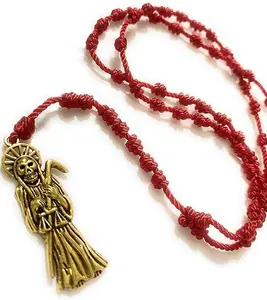 Red Santa Muerte Thread Rosary with Pendant, Unisex, 19 inches long Golden Pendant