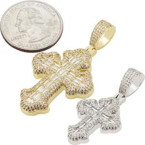 14k Yellow/White Gold Plated AAA Cubic Zirconia Baguette Gothic Tupac Cross Pendant