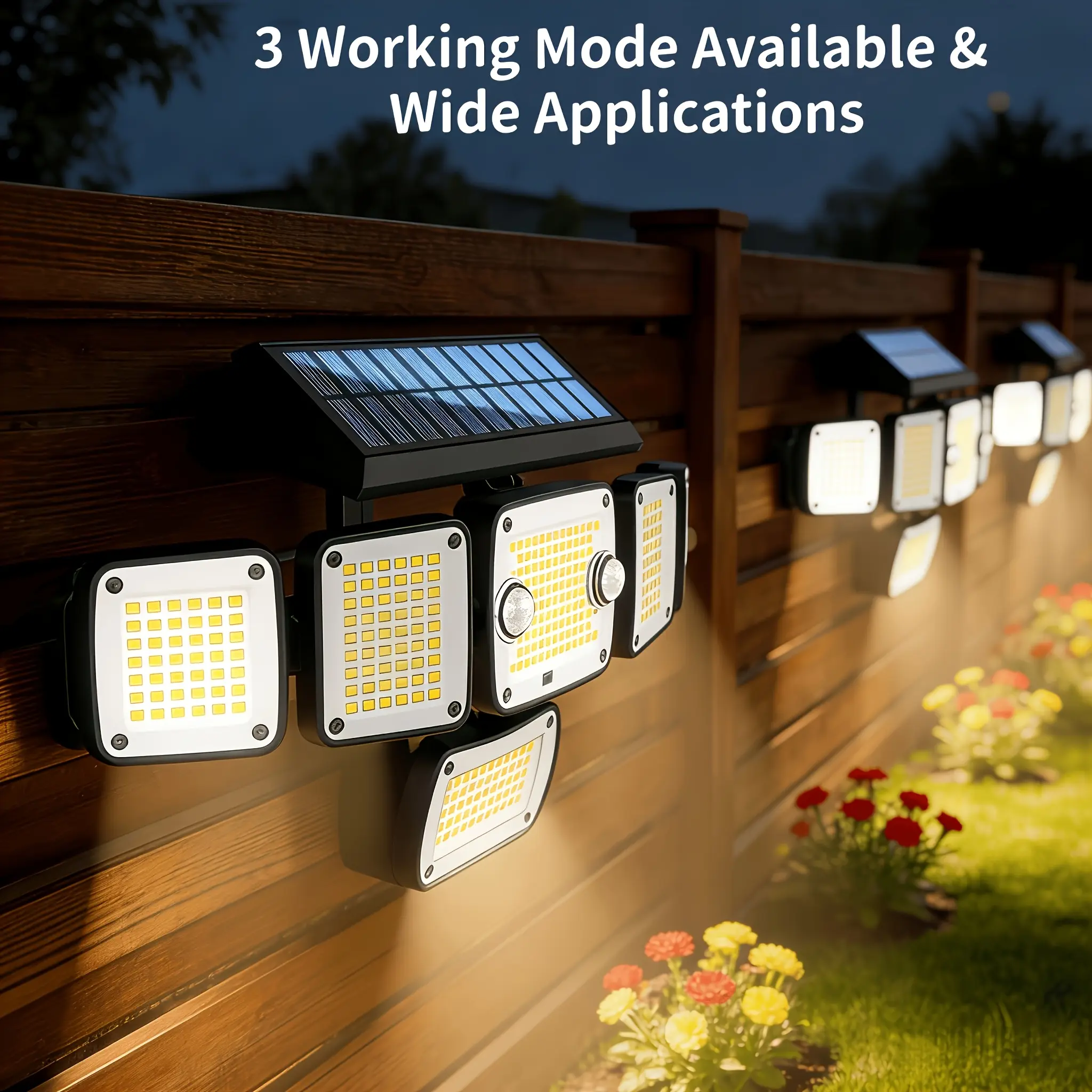 Solar-powered Sensor Outdoor Lamp, With 6 Lamp Heads. Automatically Turns On When The Environment Gets Darker. 270° Wide-angle Floodlight For Walls. Comes In 3 Modes. Waterproof Safety Lighting Equipment. Suitable For Patios, Courtyards, And Gardens.