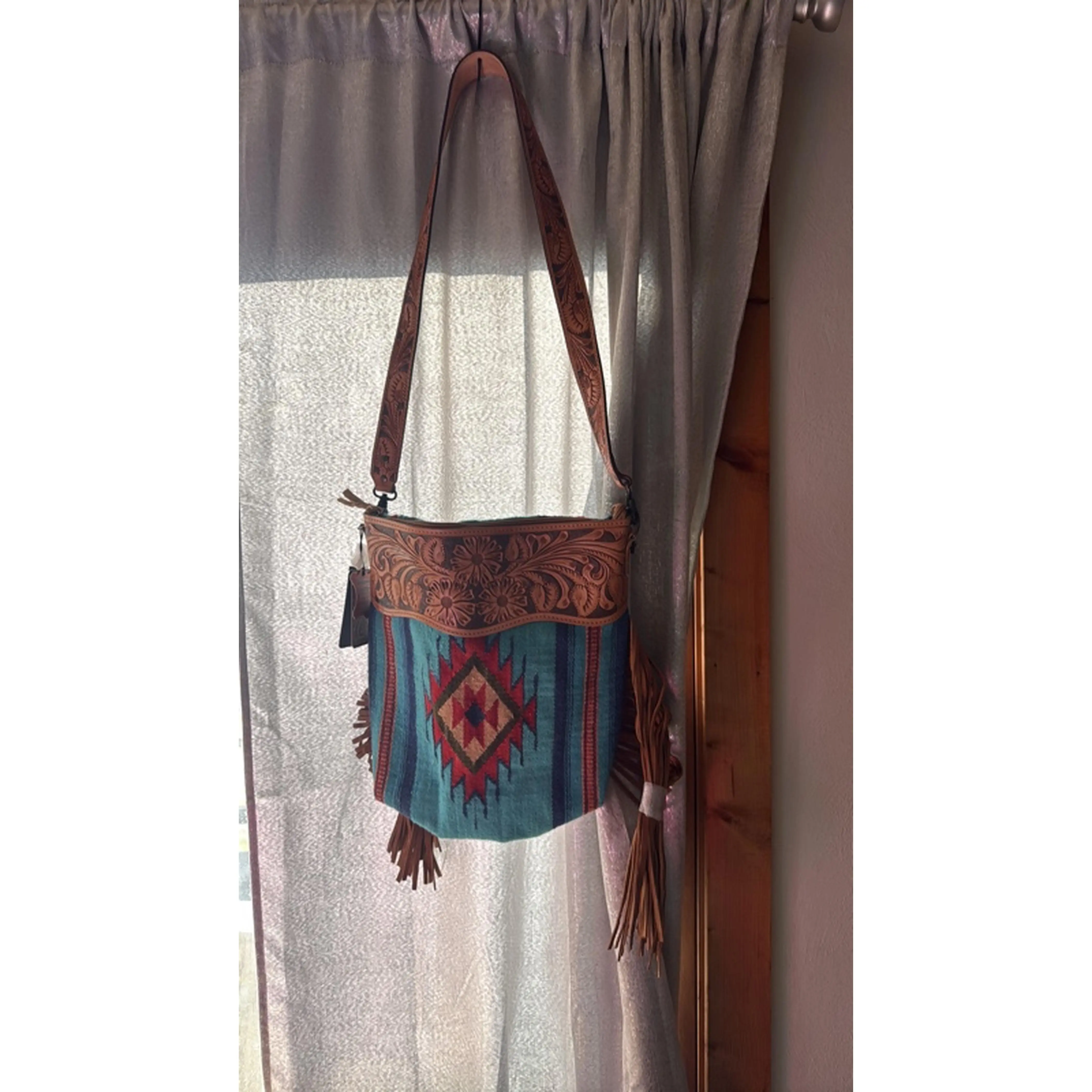 American Darling Handbag with Intricate Leather Design and Colorful Patterned Fabric
