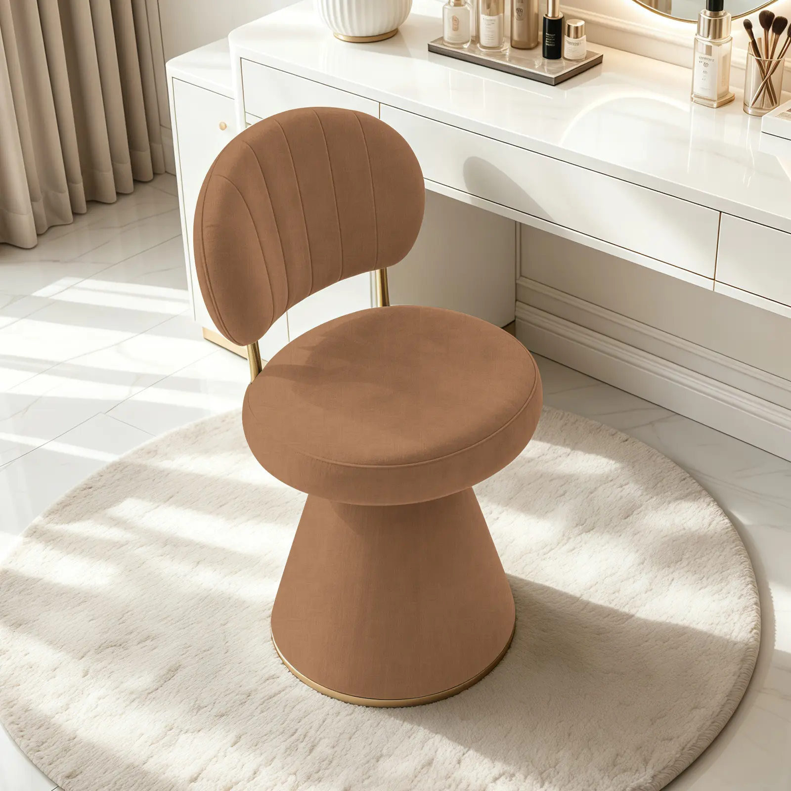 Vanity Chair with Back&Gold Frame, 360°Swivel Vanity Stool for Dressing Room, Comfy Accent Chair No Wheels for Makeup Bedroom,Living Room，Beige：18.1Inch