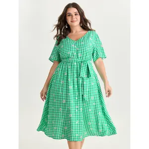【Summer Turn-Up】BLOOMCHIC Plus Size Floral Check Print Waist-Tie Midi Dress 2026 Summer Pick for Mother's Day