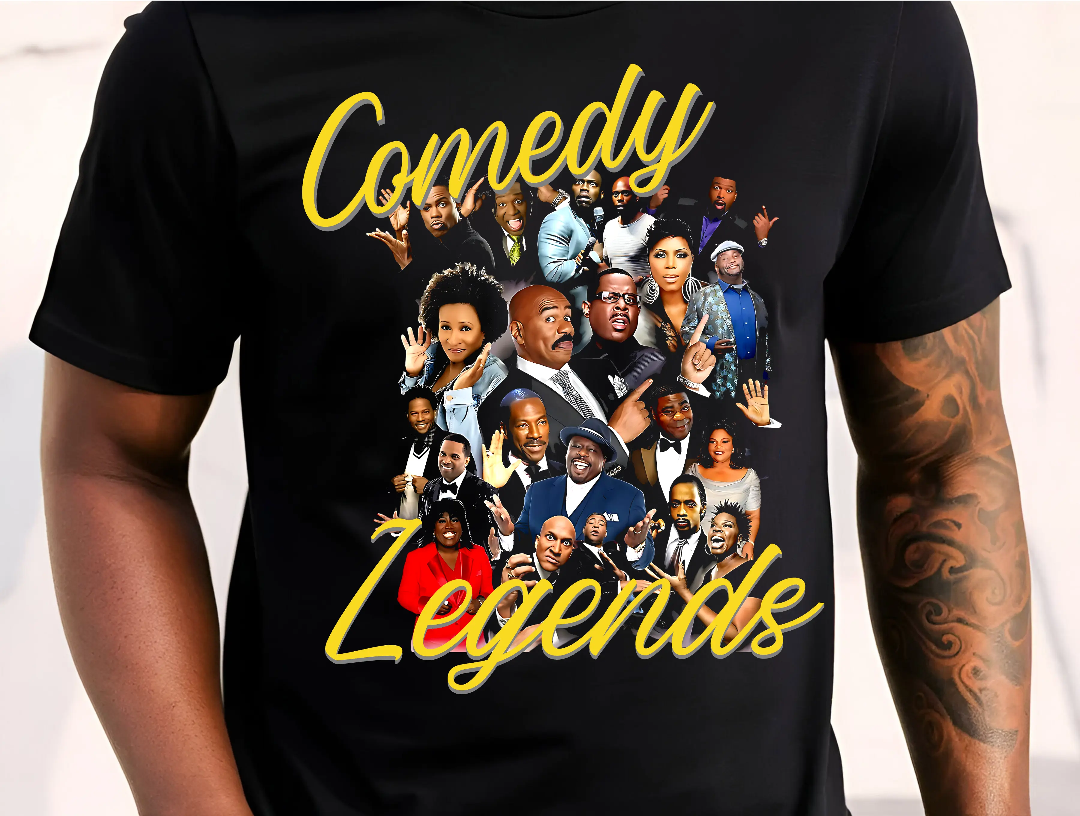 Men's Knit Ribbed Cotton Menswear T-Shirt - Round Neck, Short Sleeve, Black Comedians Collage Graphic, Streetwear Casual Fan Apparel