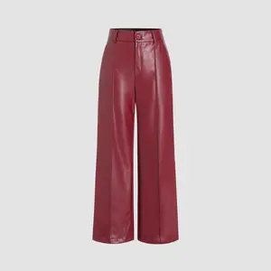 Cider [4 colors, size 2-26] Faux Leather Solid High Waist  Wide Leg Trousers
