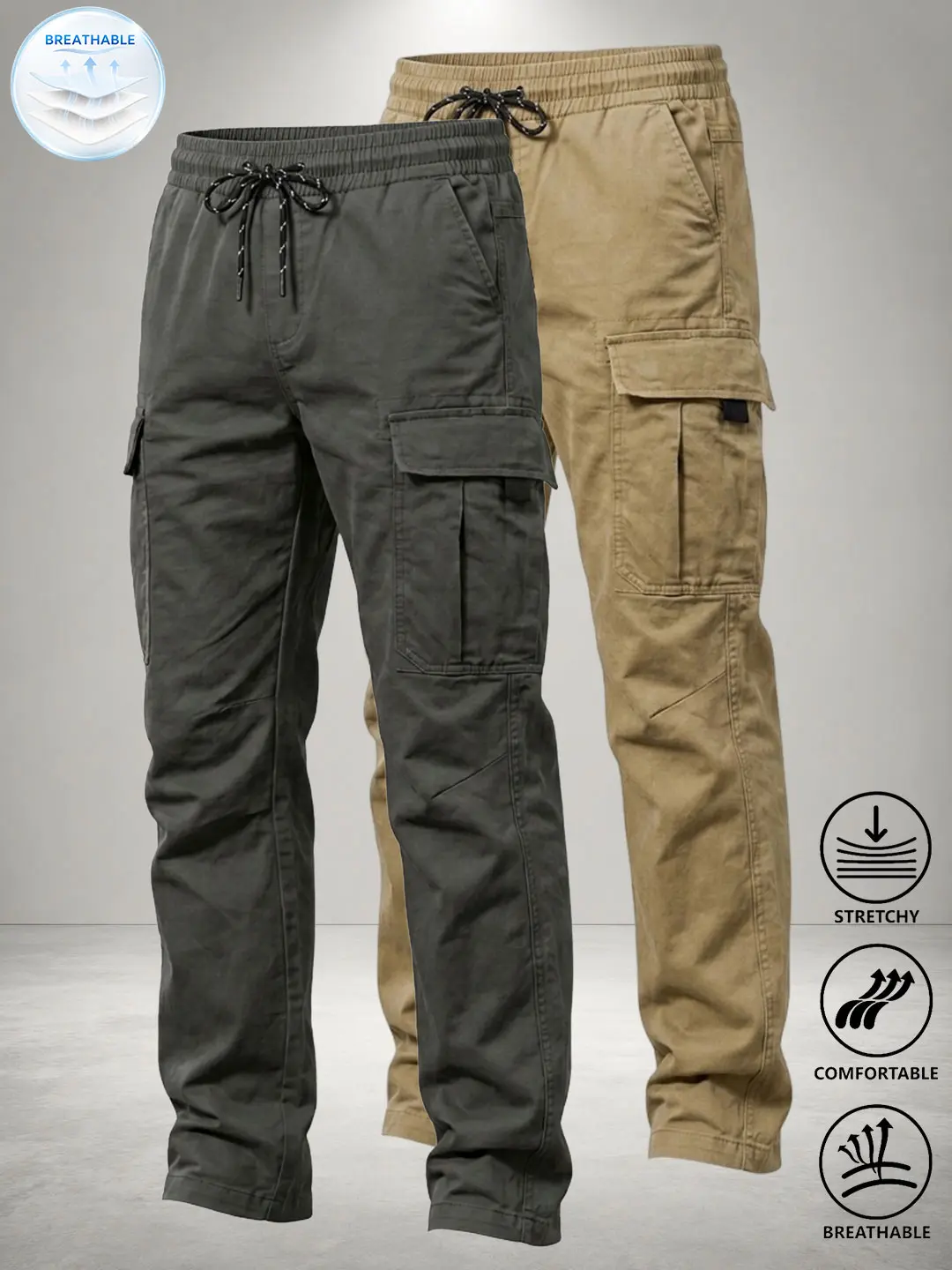 Men’s cargo pants with elastic drawstring waist, stretchy and breathable, multiple pockets; casual outdoor work long pants, lightweight for everyday streetwear and outings.
