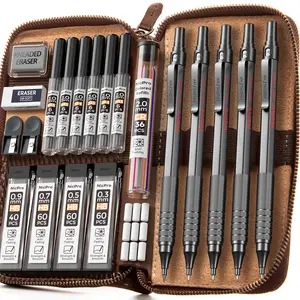 Nicpro 5Pack Black Metal Mechanical Pencil Set in Leather Case, 0.3, 0.5, 0.7, 0.9 mm & 2mm Lead Pencil Holders, 9 Tube (4B 2B HB 2H) Lead Refills, Erasers