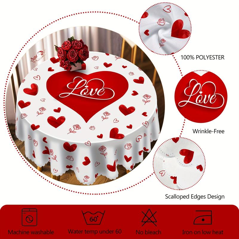 Valentine's Day Tablecloth Set Romantic Heart & Rose Pattern Embossed Edge 100% Polyester Machine-Woven Round & Square Covers for Home Kitchen Patio Solid Color Love Theme Decor