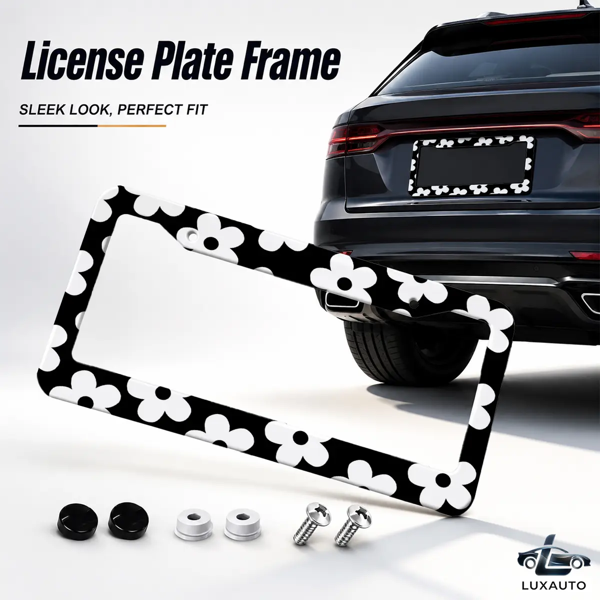 Black & White Floral License Plate Frame, Cute Daisy Flower Car Tag Holder for Women & Men, Universal 12.2 x 6.3 Inch Aluminum Auto Plate Cover with Mounting Screws & Caps, Stylish Car Exterior Accessory