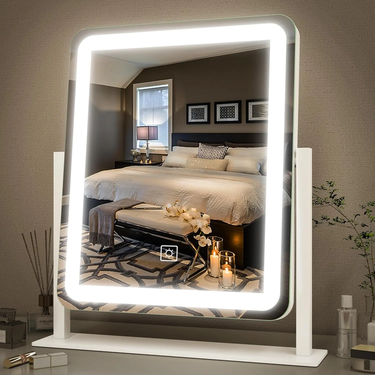 [New Deal] Vanity Mirror with Lights - 15"x12.6" LED Lighted Makeup Mirror, Touch Screen, 3-Color Lighting, Dimmable for Vanity Desk & Bedroom Decor White, Home Decor Mirror, Illuminated Mirror