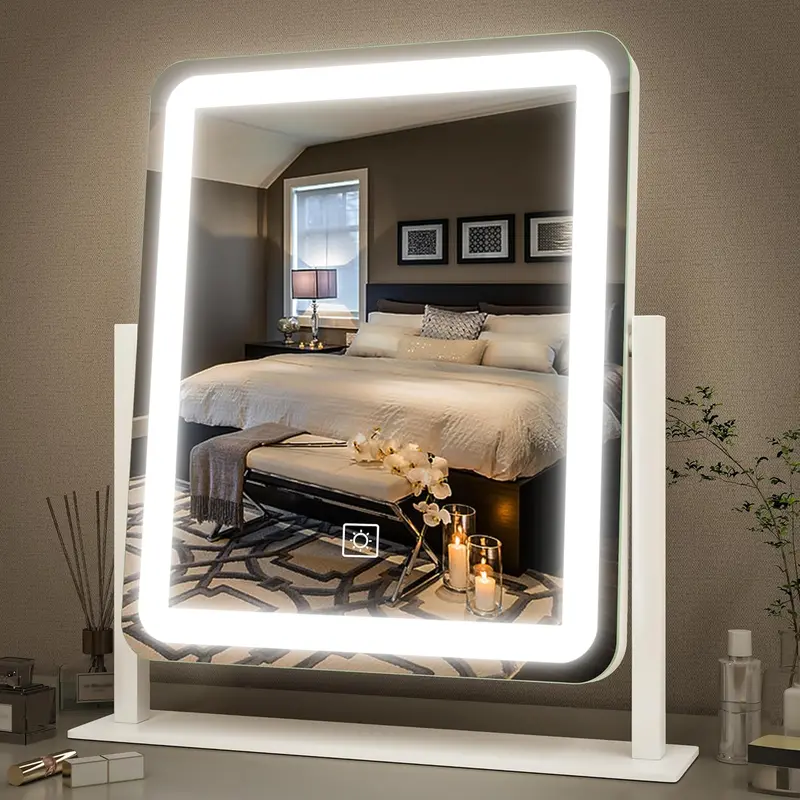 [New Deal] Vanity Mirror with Lights - 15"x12.6" LED Lighted Makeup Mirror, Touch Screen, 3-Color Lighting, Dimmable for Vanity Desk & Bedroom Decor White, Home Decor Mirror, Illuminated Mirror