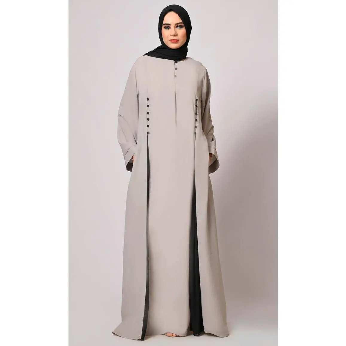 Pleated Perfection: Grey Abaya with Box Pleats & Side Pockets" - Final Sale