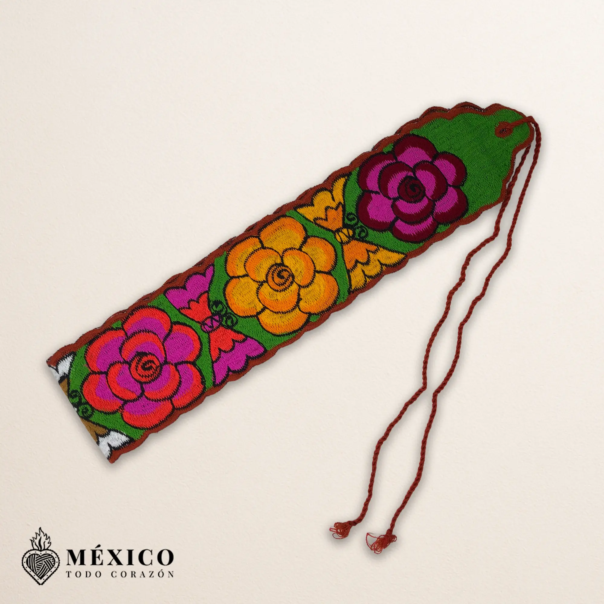 Traditional Handwoven Mexican Folk Art Waist Belt - Premium Faja, Dark Orange, Colorful Flowers & Butterflies, Colorfast Threads, 39in Fit, 4.5in Width, 75in Total Length, Adjustable Ties, Gently Spot-Clean Easy Care