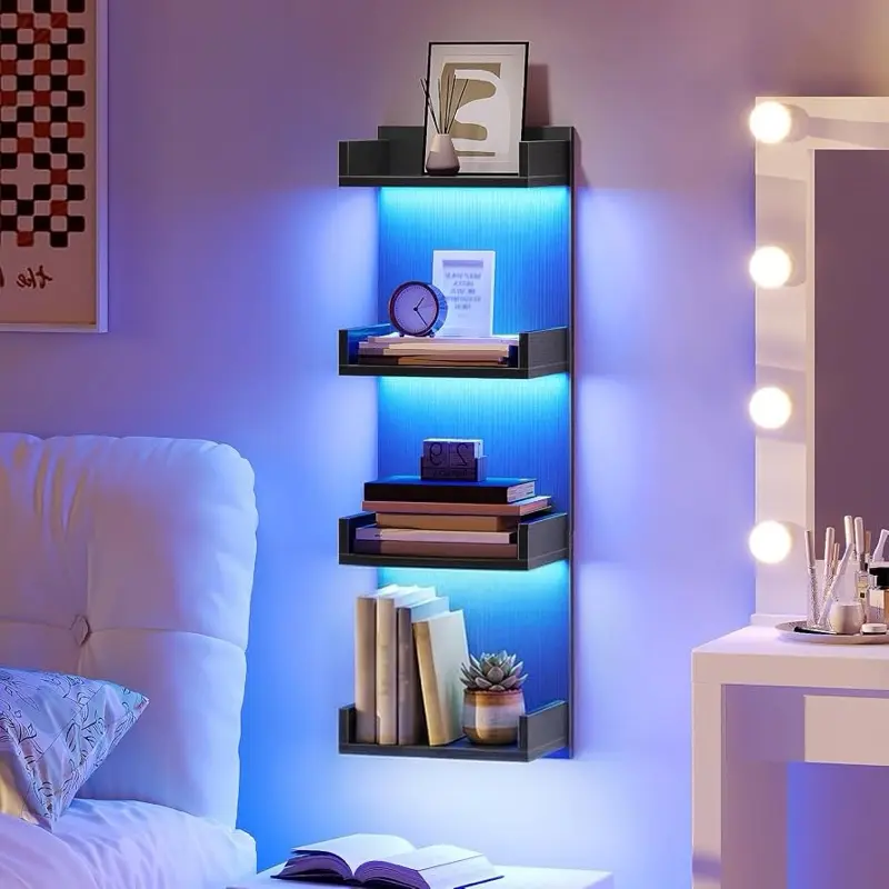 HOOBRO 4-Tier LED Floating Wall Shelf - Modern Column Organiser for Storage, Vertical Display, Easy Installation, Home Decor & Gift for Bedroom, Living Room