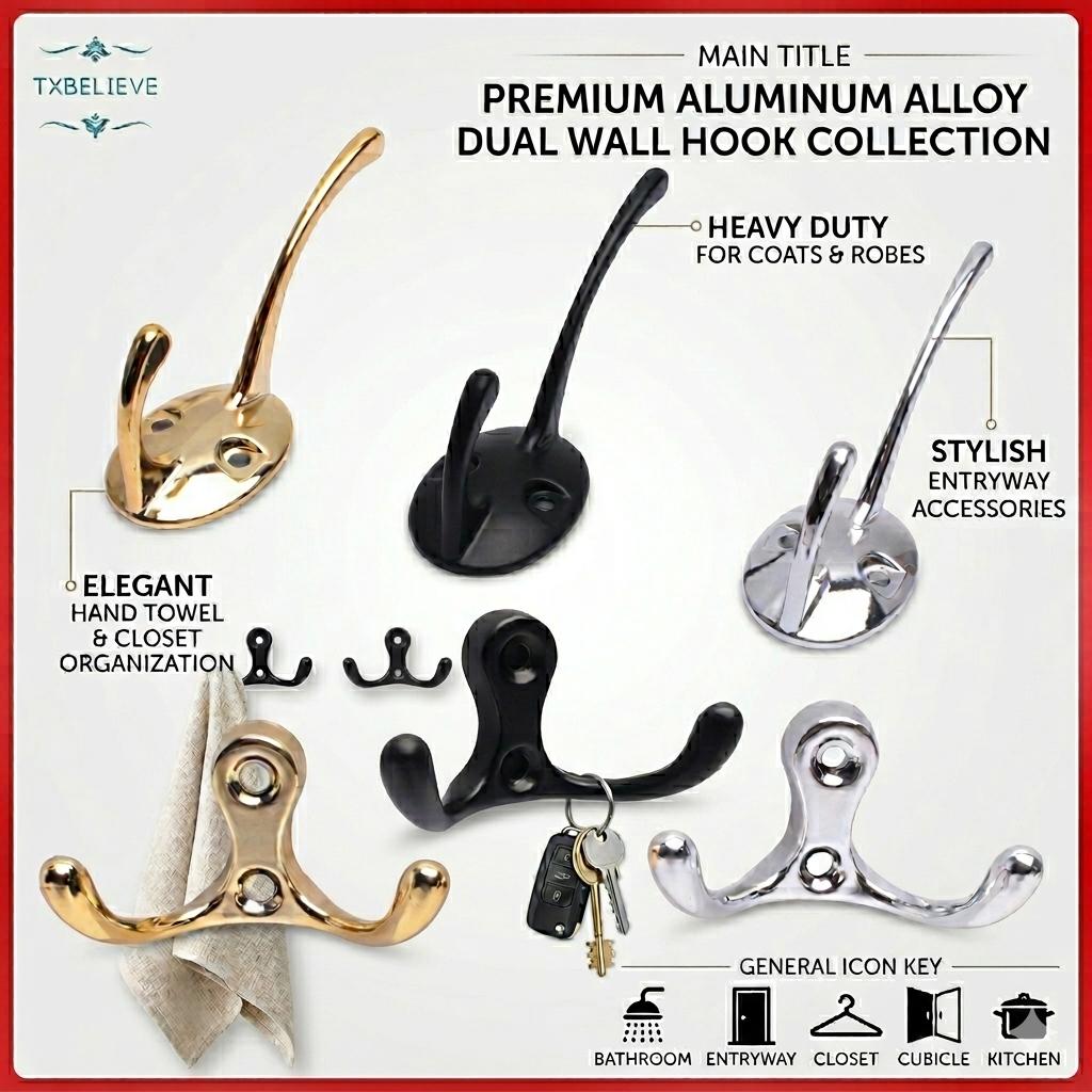 Aluminum Alloy Wall Hooks Towel Hooks, Coat Robe Hook Heavy Duty Bathroom Double Hook Wall Mounted, Hand Towel Hooks for Closet Entryway Cubicle Kitchen Aluminum Alloy Wall Hooks Towel Hooks, Coat Robe Hook Heavy Duty Bathroom Double Hook Wall Mounted, Hand Towel Hooks for Closet Entryway Cubicle Kitchen