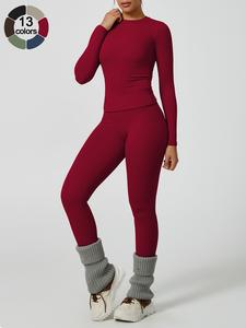 women's solid long sleeve tee & high waist leggings tracksuit set, sporty round neck top & skinny pants two-piece set for gym workout running, ladies fall & winter sportswear, activewear, yoga lounge suit