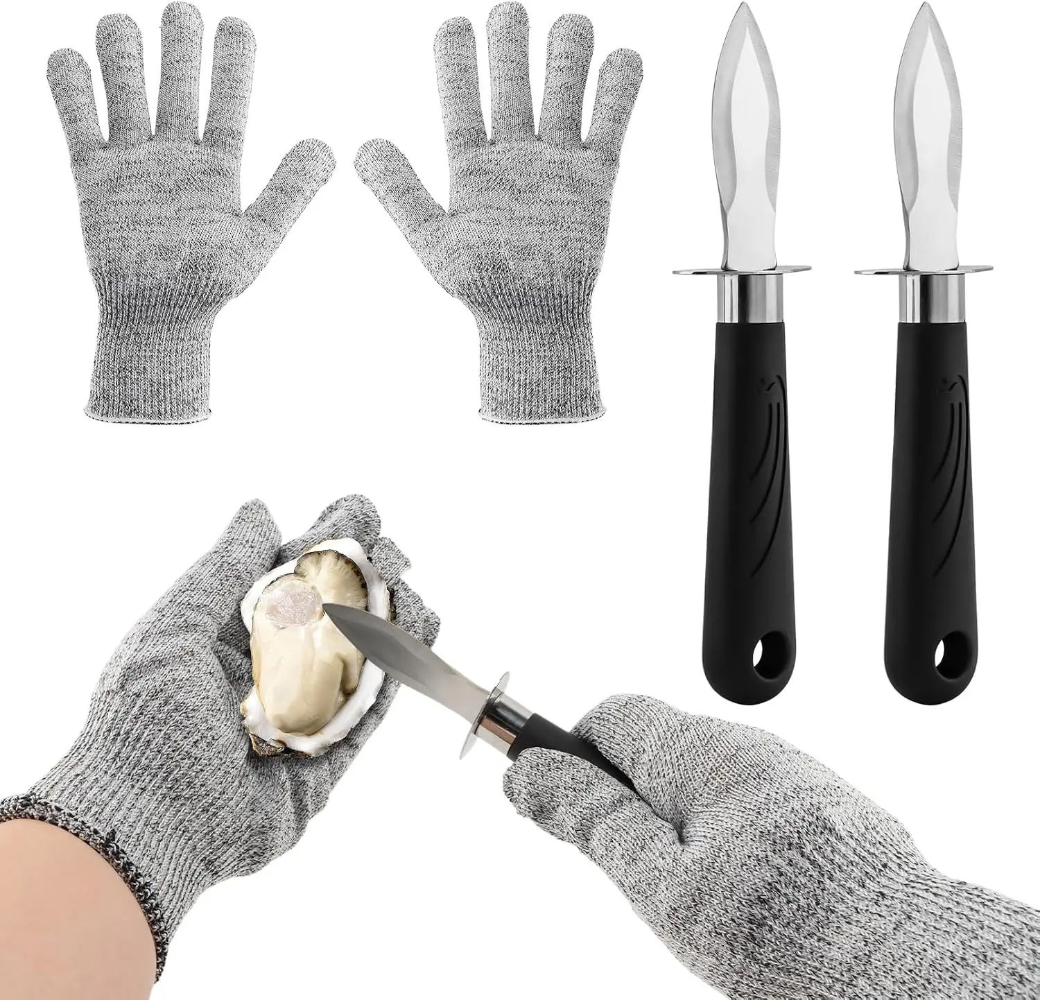 Oyster Shucker Set, 2-Piece Professional Oysters Shucking Knives and Cut Resistant Gloves for Oysters, Clams & Shellfish Opener Kit for Home Kitchen, Oyster Bar & Seafood Party