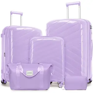 5 count Luggage Set Carry  Suitcase with Spinner Wheels, Expandable Hardshell Luggage PP Lightweight Suitcase Set for Women (Lavender)